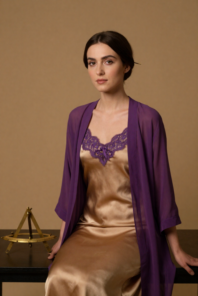 SinoNav muse in an antique-gold silk slip dress with royal-purple lace beside a brass quadrant
